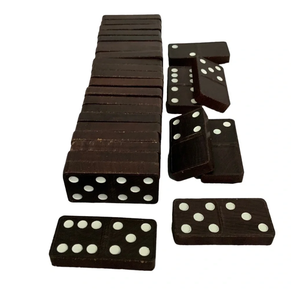Vintage Haslam 1960’s Wood Dominos 28 Pc Original Cardboard Metal Box Set No 100
